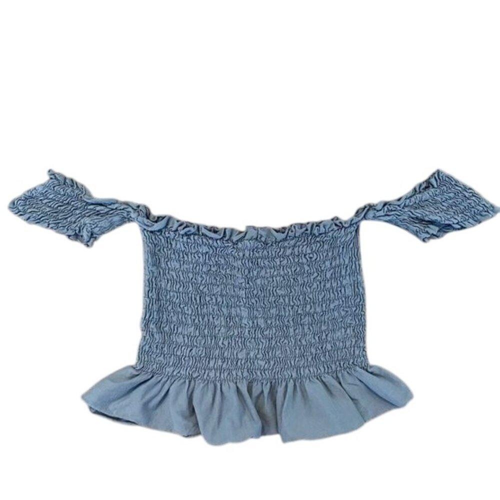 Truly Madly Deeply Women's M Off Shoulder Smocked Ruffle Crop Top Gray Cotton